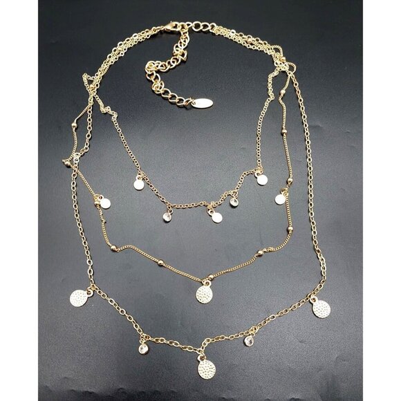 Ettika Layered Pendant Necklace in Gold Tone Saturn Chain Discs Crystals 15" Lon - Picture 8 of 9